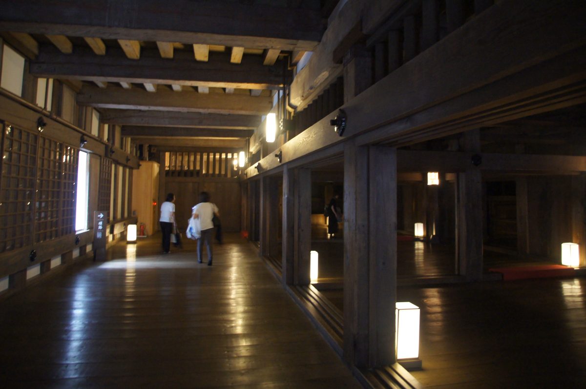 Timber corridor with polished wooden floor inside Himeji Castle keep