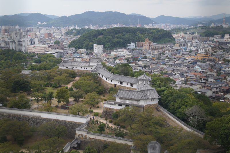 View over Himeji city and castle roofs from the top of the keep