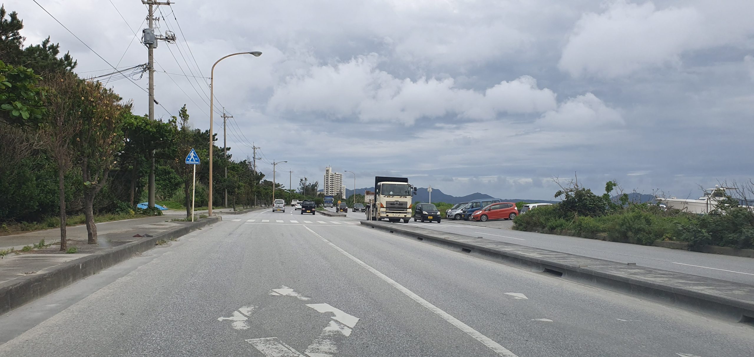 Road with left-lane arrows on Okinawa Main Island.
