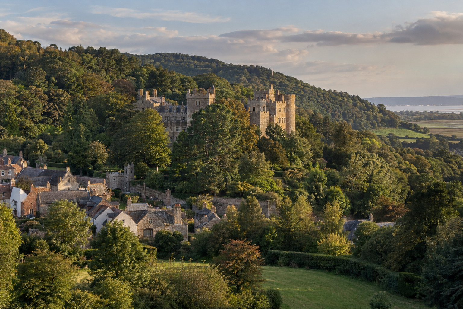 Dunster Castle rising above the village and wooded Somerset countryside