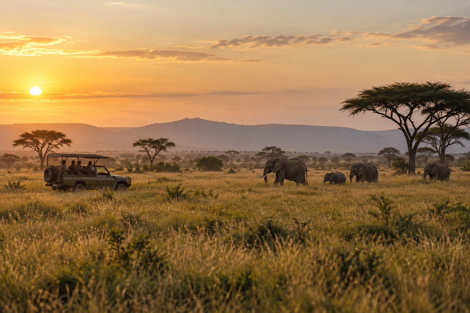 Safari vehicle watching elephants across the East African savannah at sunset