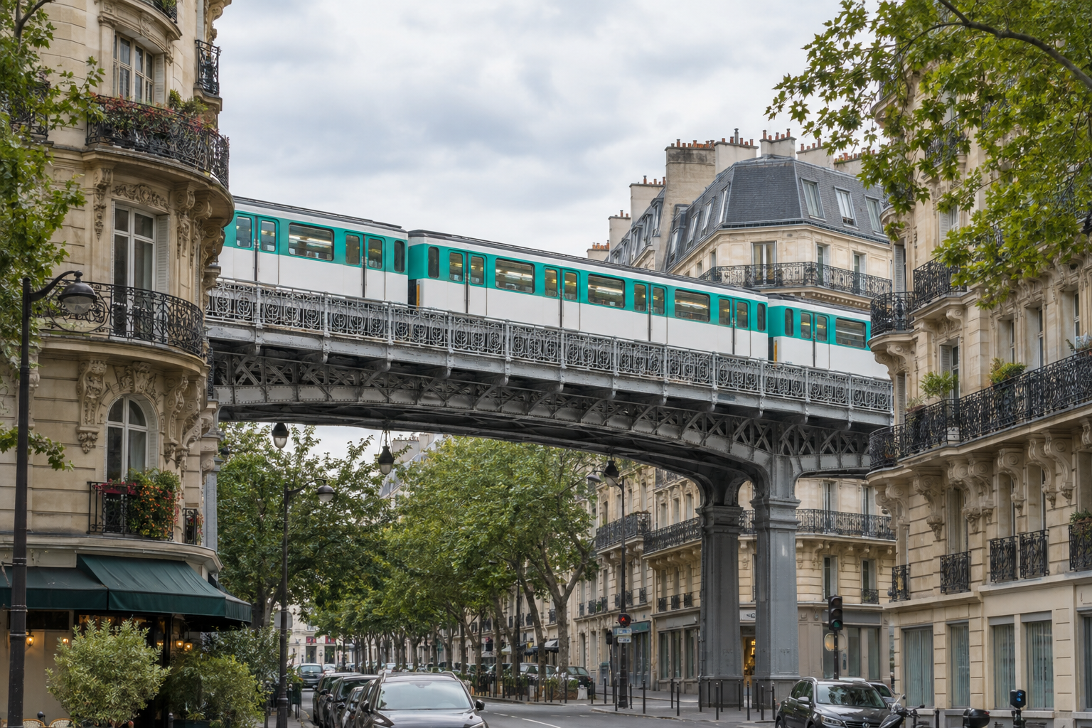 An elevated Paris Métro train passing between Haussmann buildings