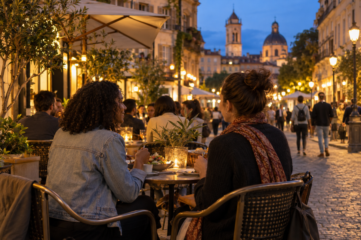 Enjoying Nightlife Safely While Travelling Two travellers at a well-lit city café terrace in the evening