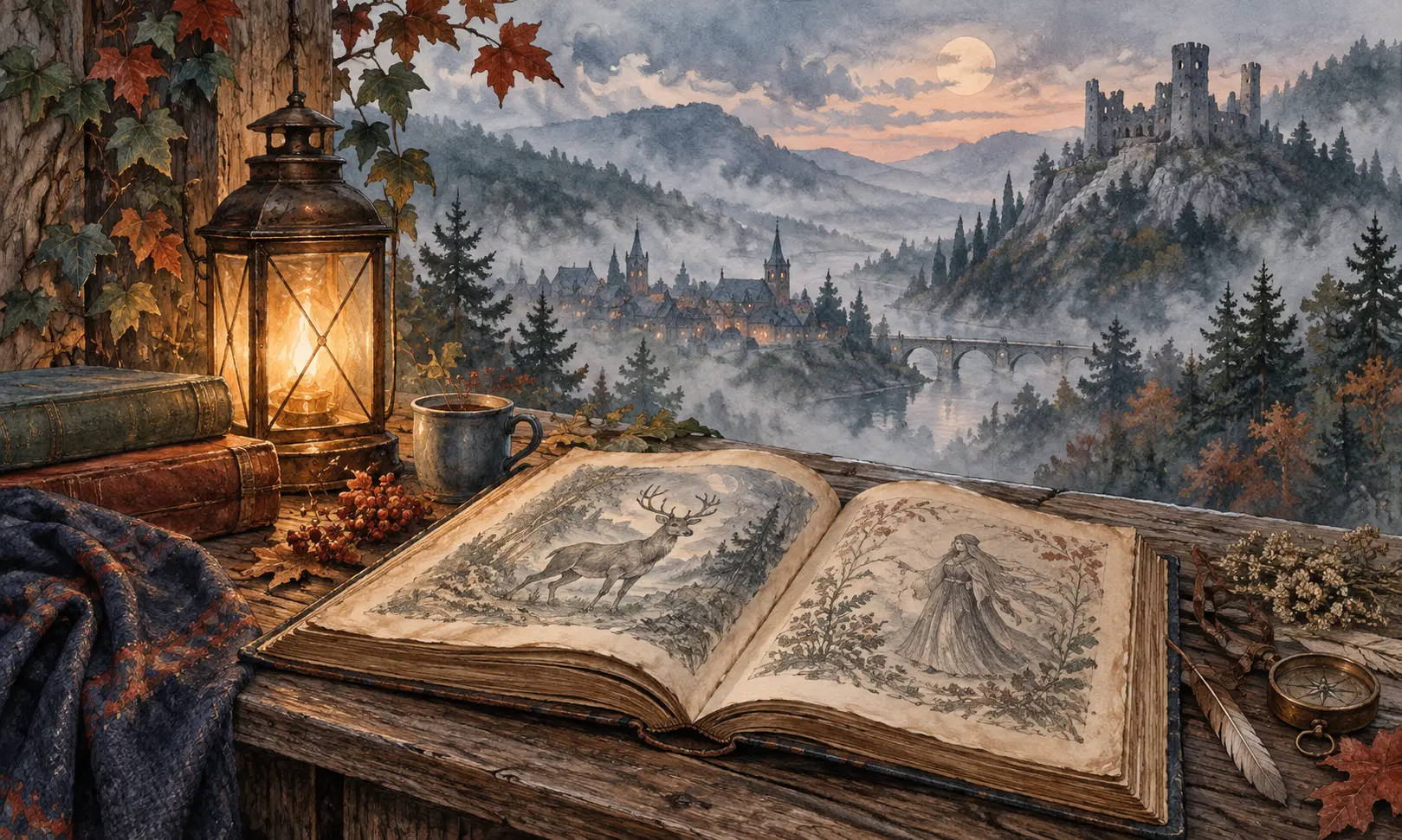 Illustration of an open storybook and lantern overlooking an imaginary European landscape