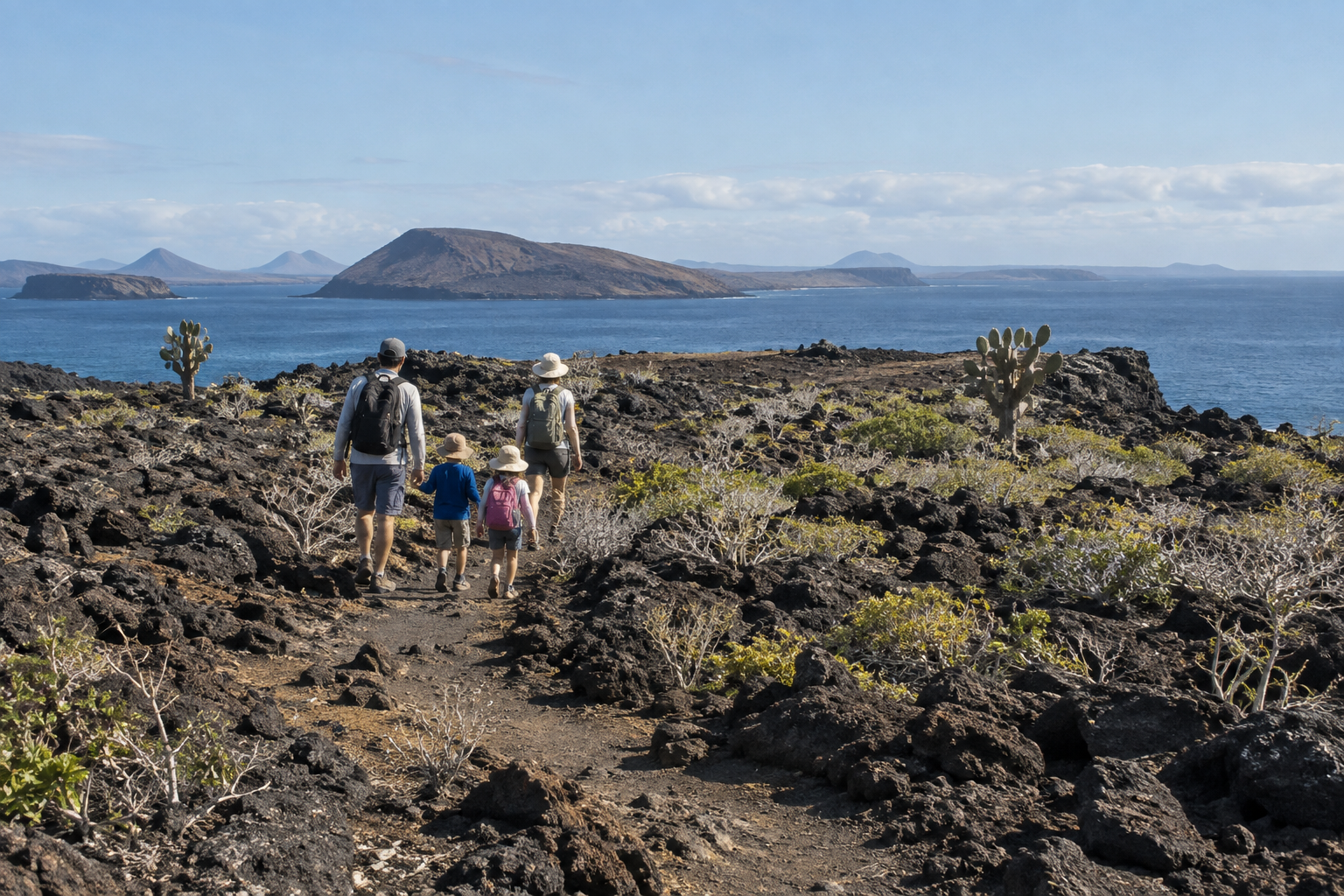 Family hiking in the Galapagos Islands