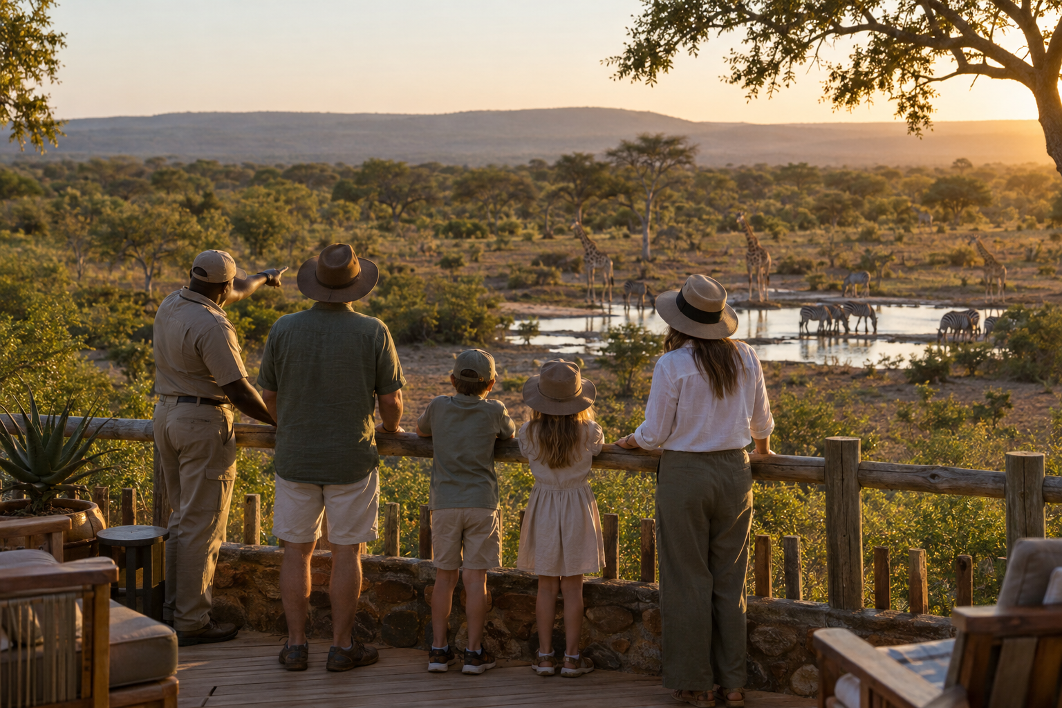 Family and guide watching giraffes and zebras from a safari lodge viewpoint