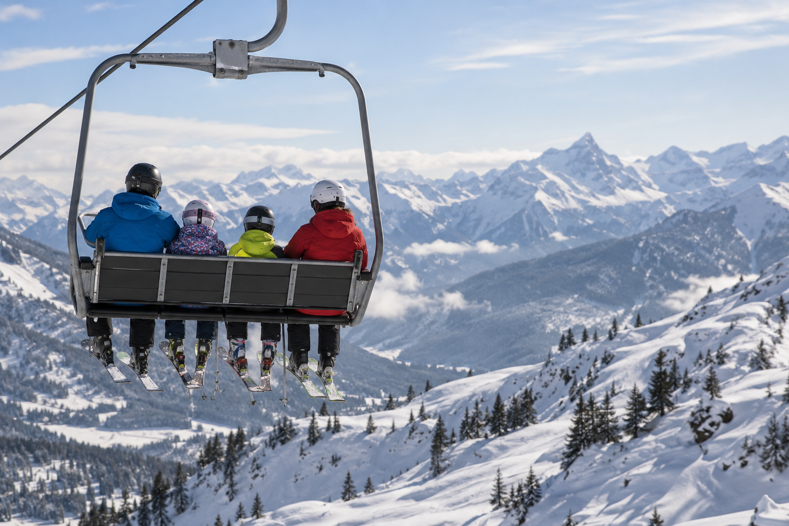 Family seen from behind riding a ski chairlift above snowy Alpine mountains