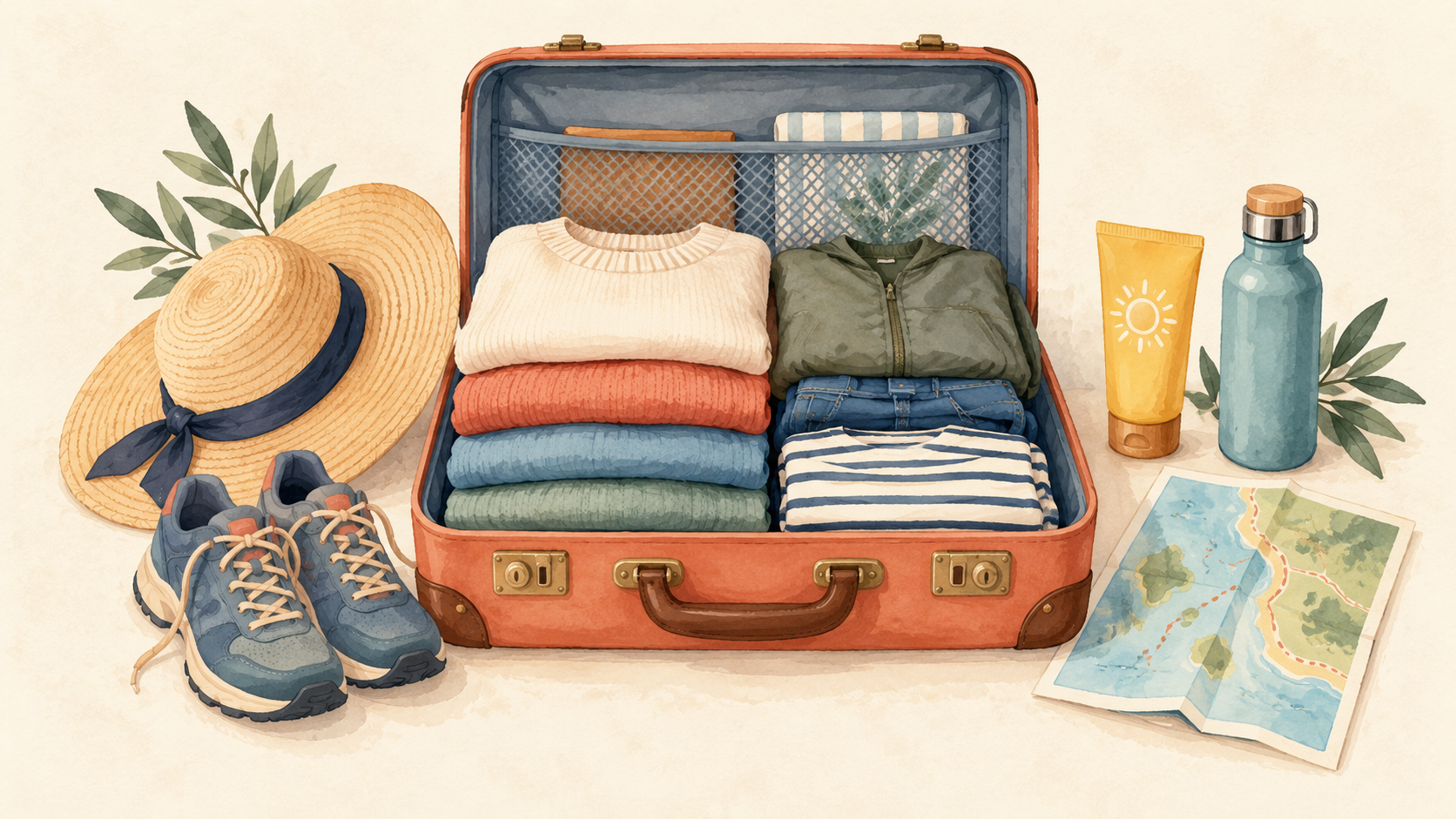 Illustrated open suitcase packed for a family holiday