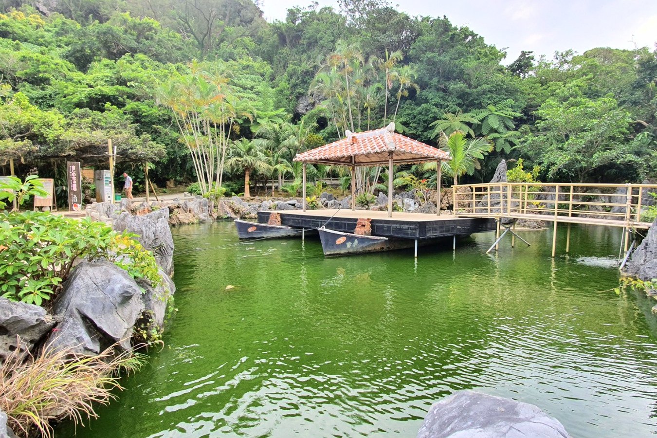 Garden pond and tiled pavilion at Ryukyu Mura