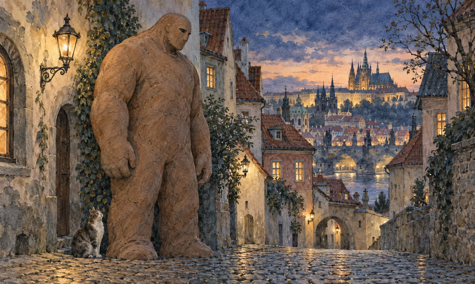 Golem Prague Legend Illustration of a clay Golem standing in a Prague-inspired cobbled lane