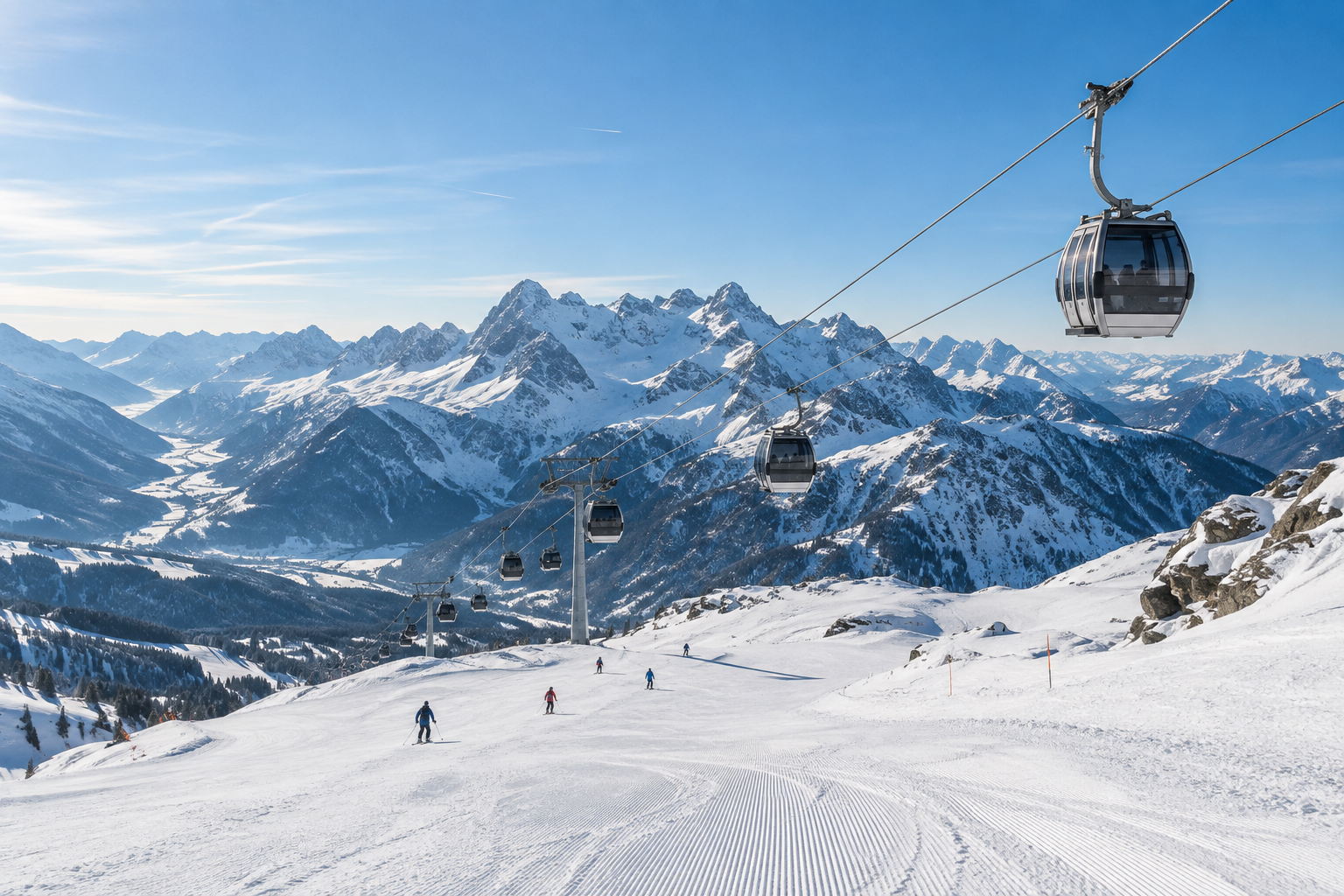 Gondola cable cars crossing above snowy ski slopes in the Austrian Alps