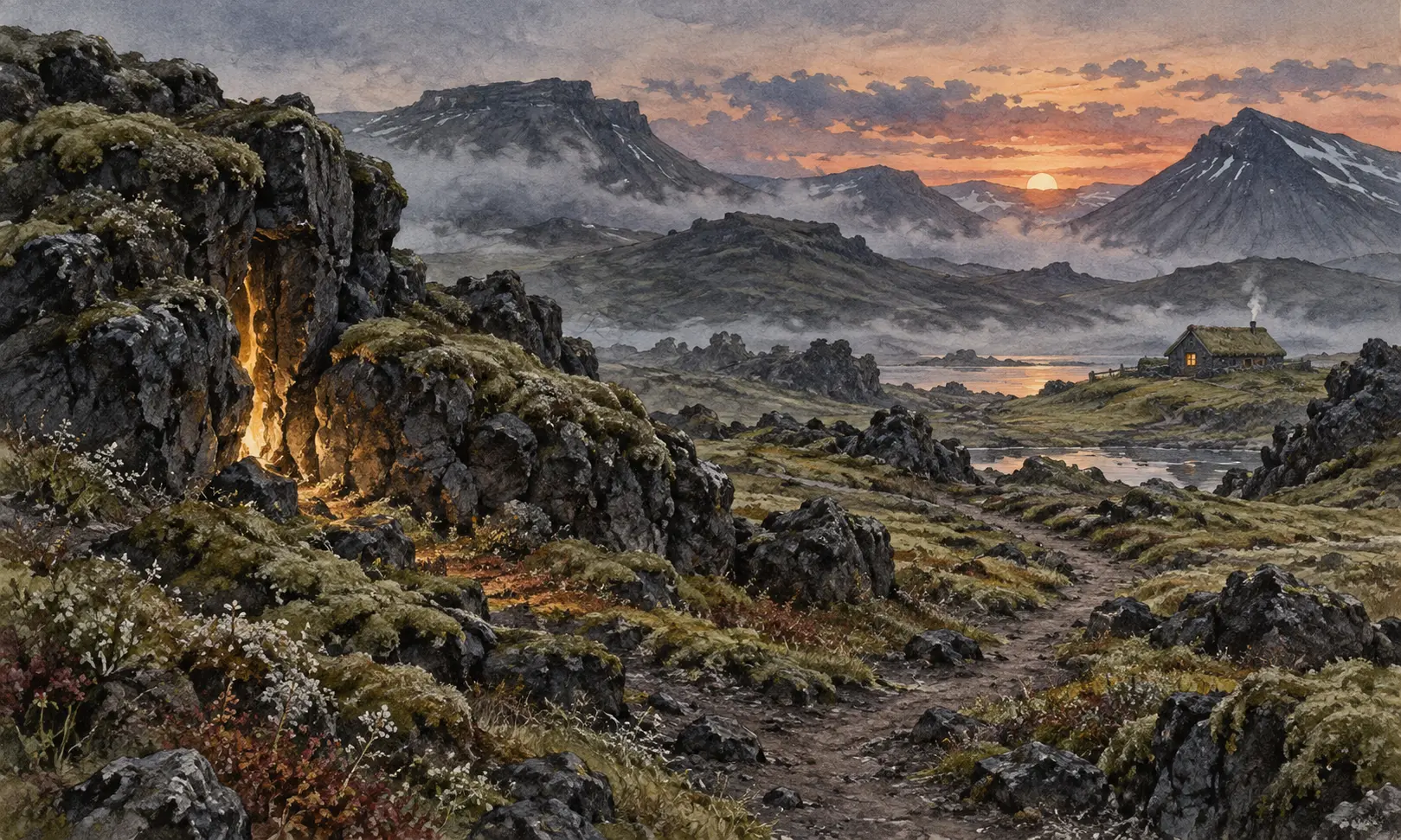 Huldufolk Iceland Folklore Illustration of moss-covered lava rocks with a glowing crevice in an Iceland-inspired landscape
