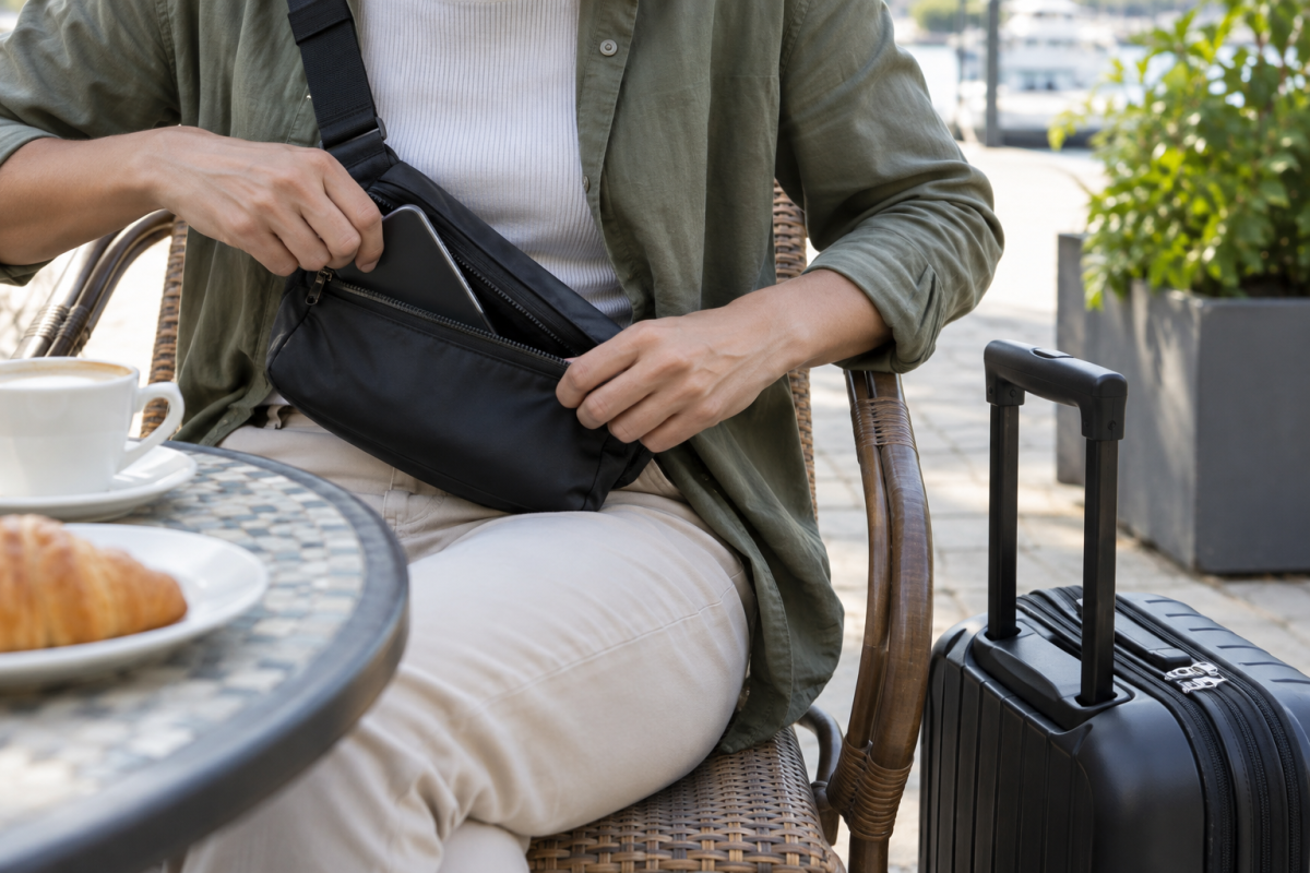 Keeping Belongings Safe While Travelling Traveller securing a phone inside a zipped cross-body bag