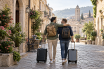 Same-sex couple walking together with luggage through an old town