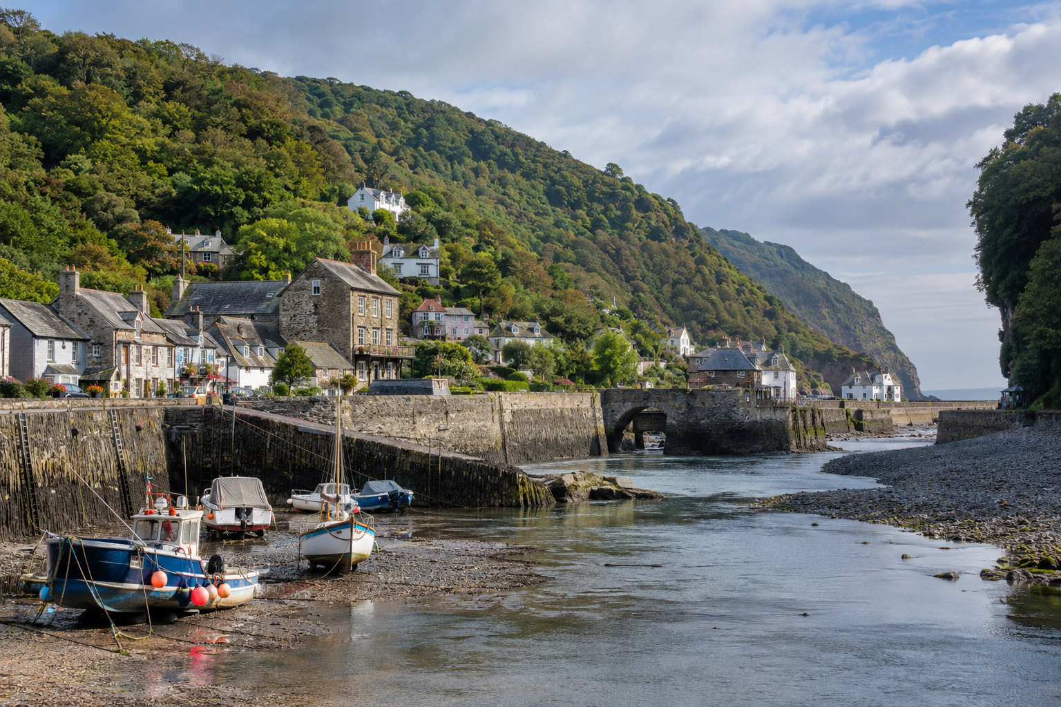 Lynmouth harbour and village beneath the wooded hills of Exmoor