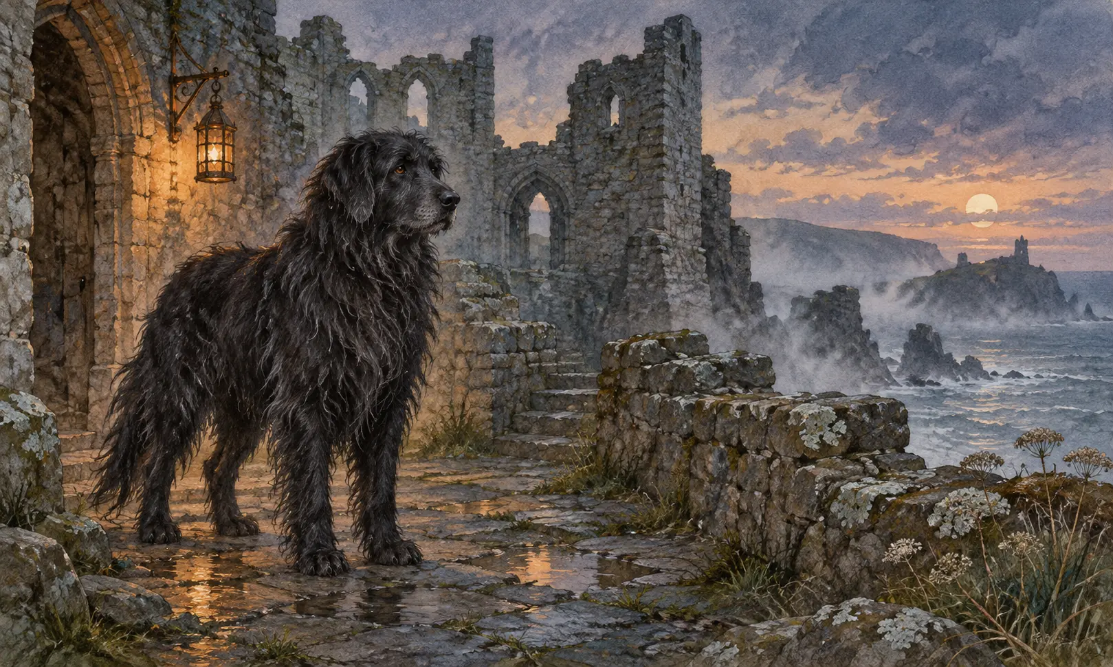 Moddey Dhoo Isle of Man Illustration of a shaggy black dog in a ruined coastal castle courtyard
