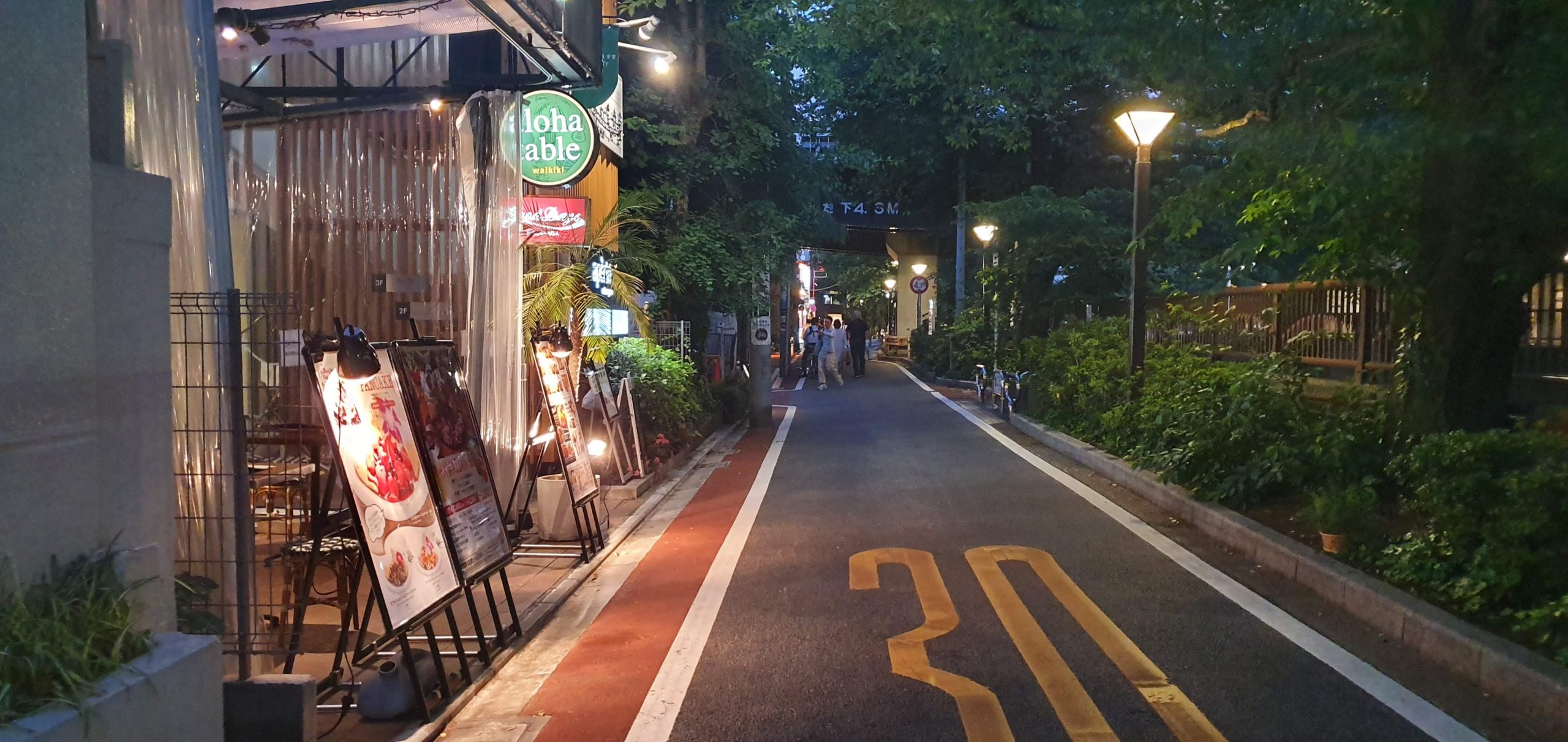 Nakameguro 49 scaled Lit shopfronts and trees along a quiet riverside street in Nakameguro