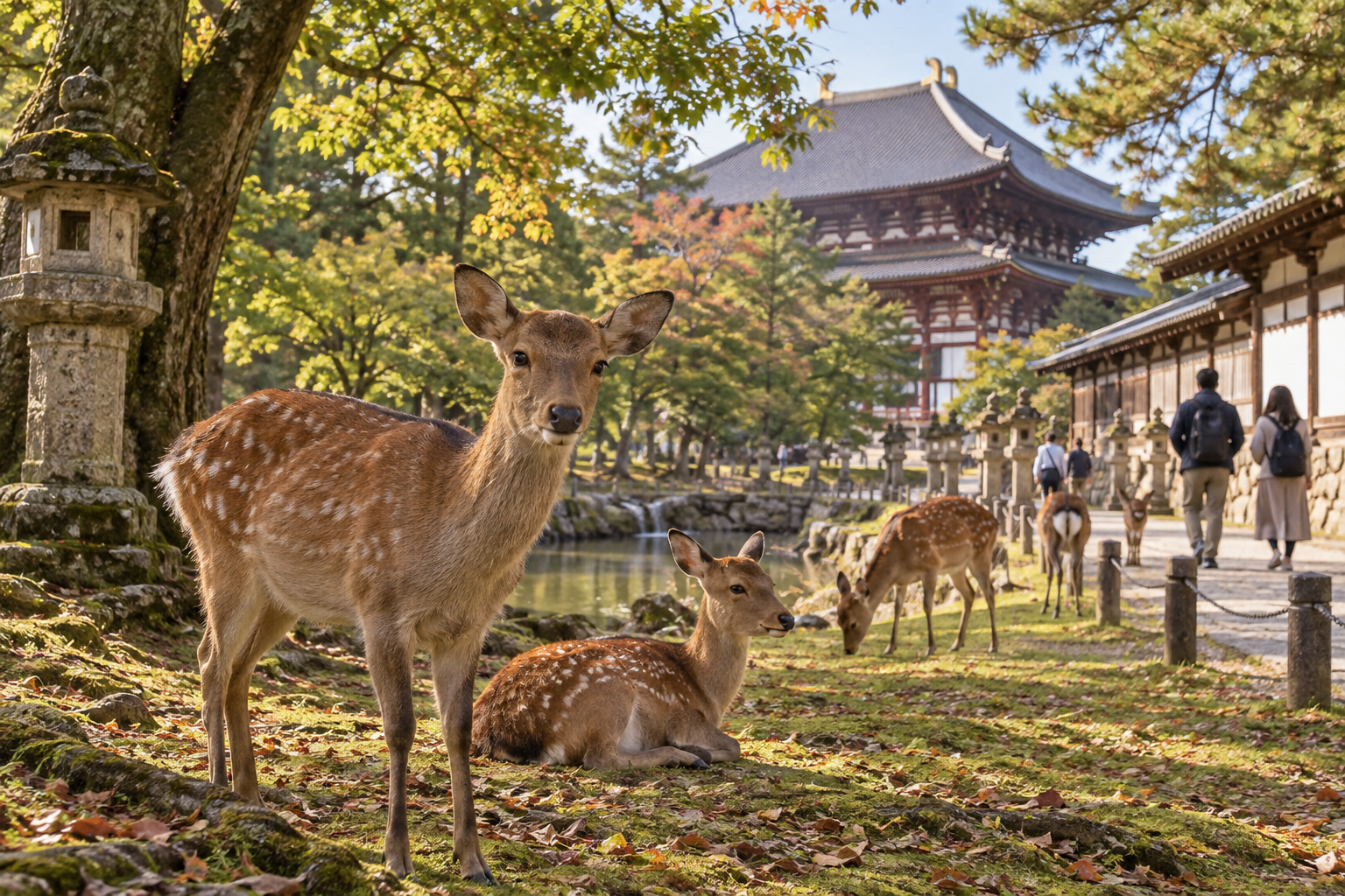 Nara deer in Japan Deer standing near a traditional temple in Nara, Japan