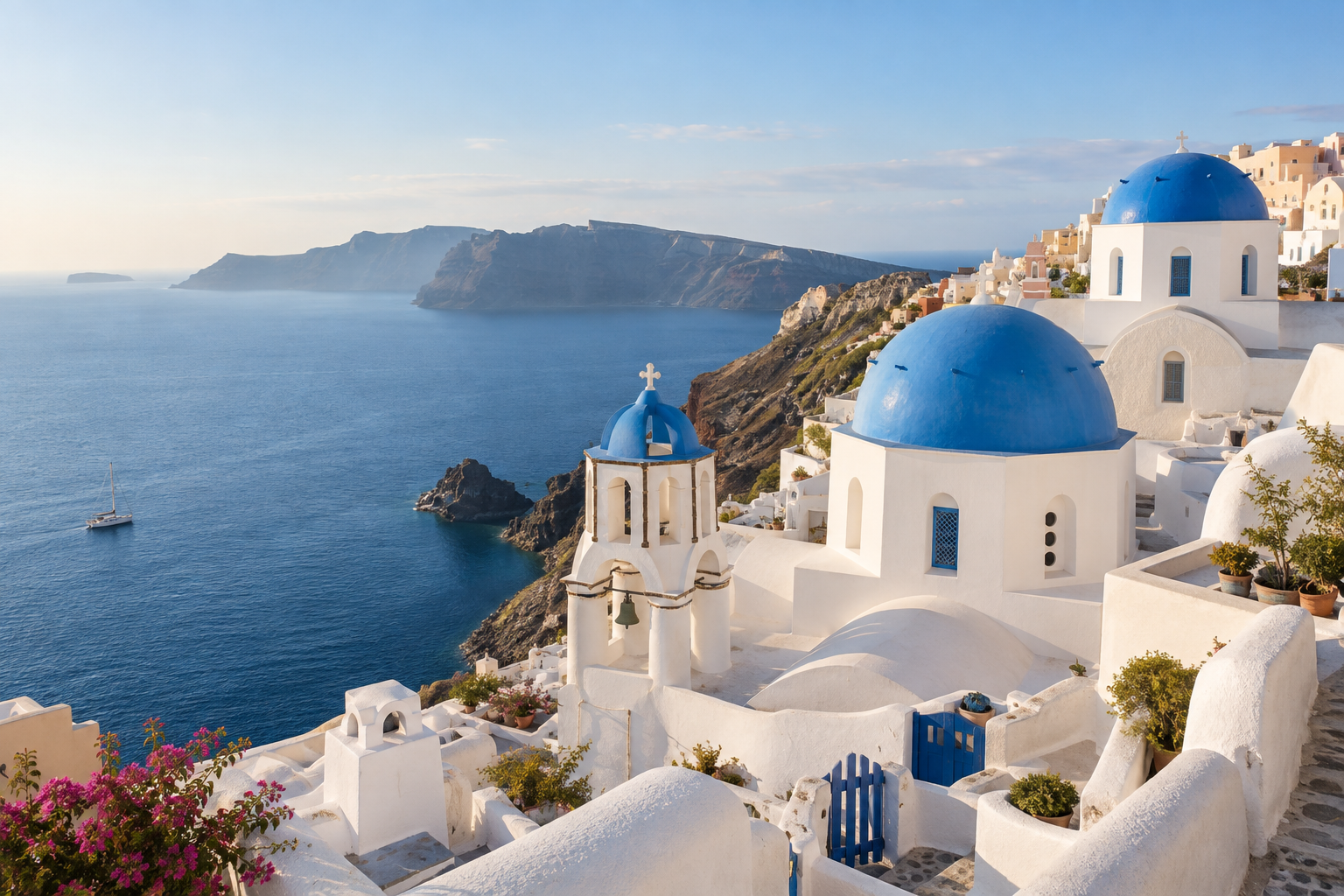 Blue-domed churches and whitewashed buildings overlooking the sea in Oia, Santorini