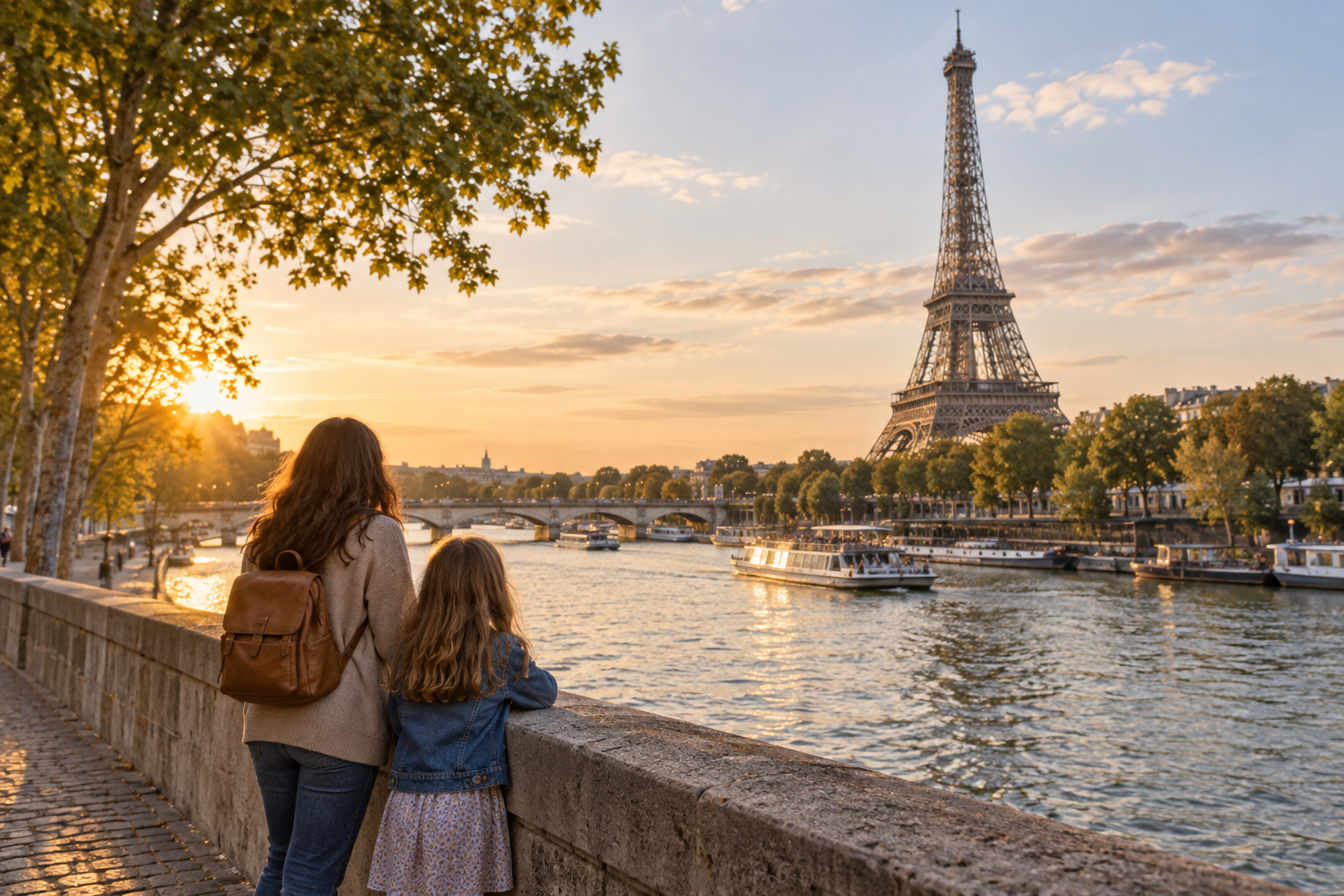Parent and child seen from behind looking across the Seine towards the Eiffel Tower