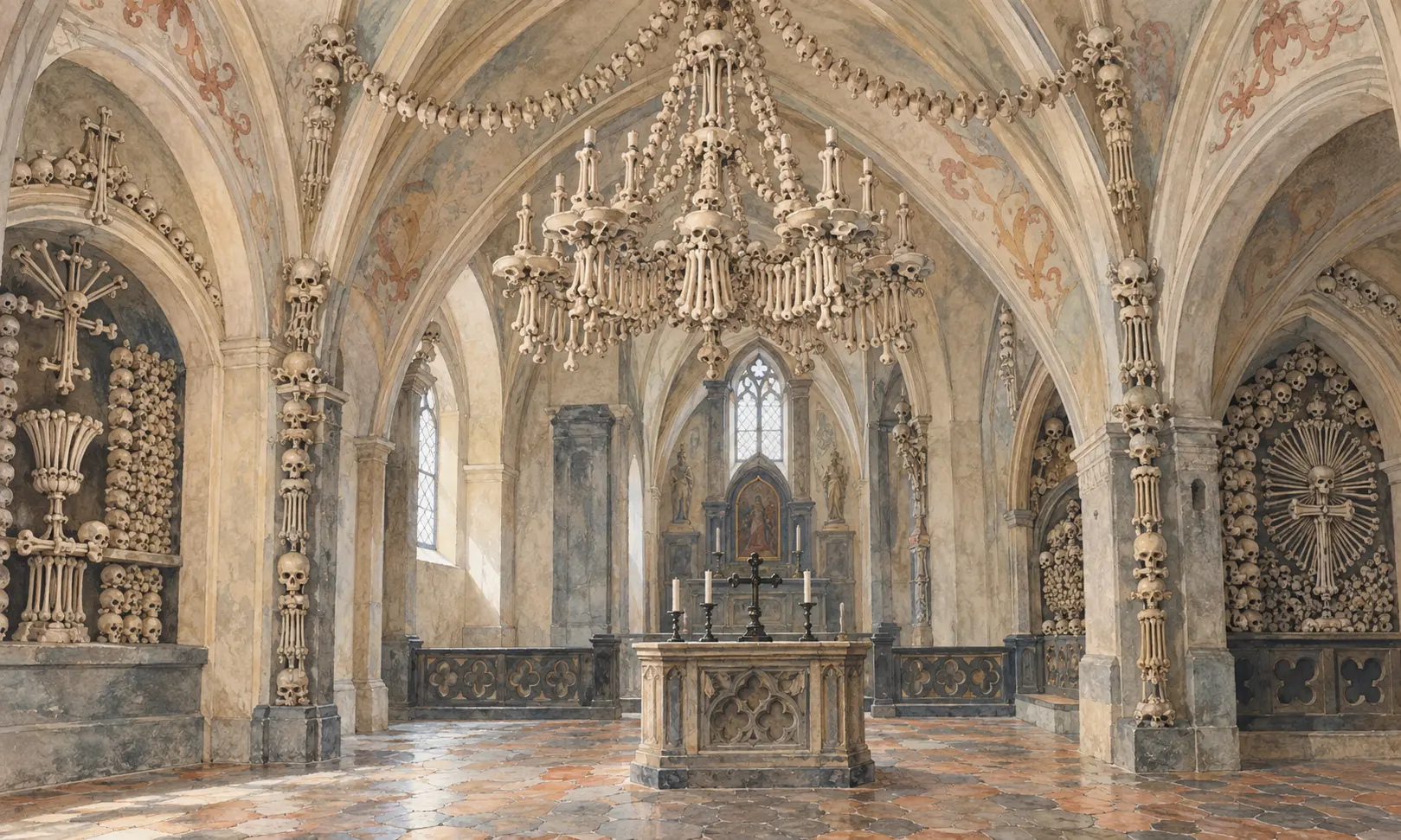 Prague Sedlec Ossuary Illustration Illustration of a Gothic chapel interior with an ornamental bone chandelier and decorative bone arrangements