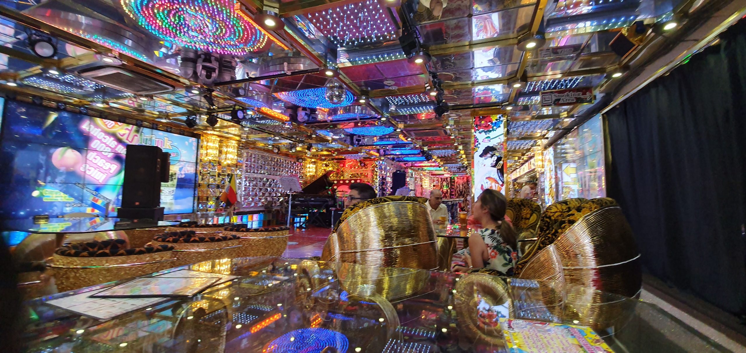 Robot Restaurant 10 scaled Mirrored ceiling and gold seats inside Robot Restaurant in 2019