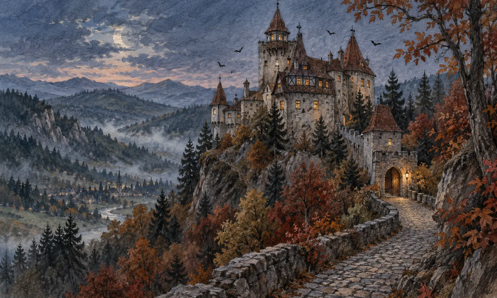 Romania Dracula Literary Illustration Illustration of an imaginary gothic castle above misty wooded hills