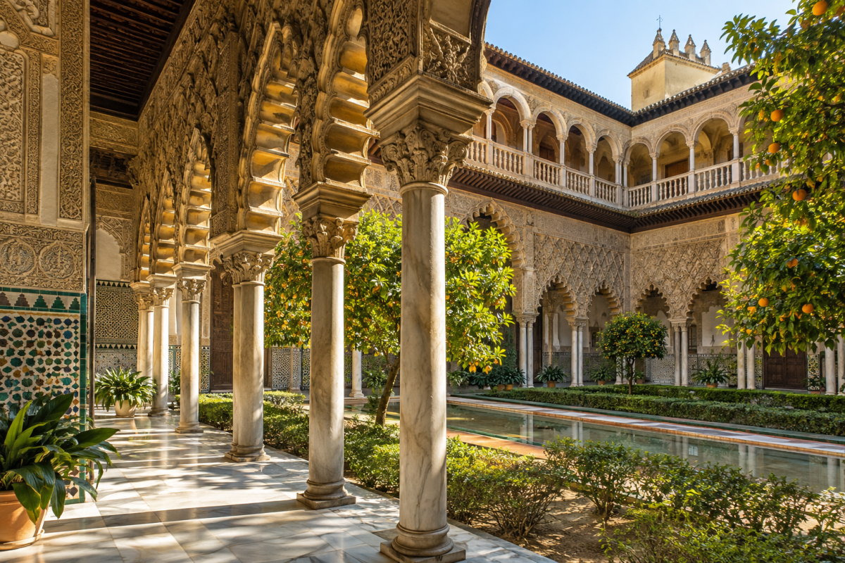 Royal Alcazar of Seville Courtyard Ornate courtyard and orange trees at the Royal Alcázar of Seville