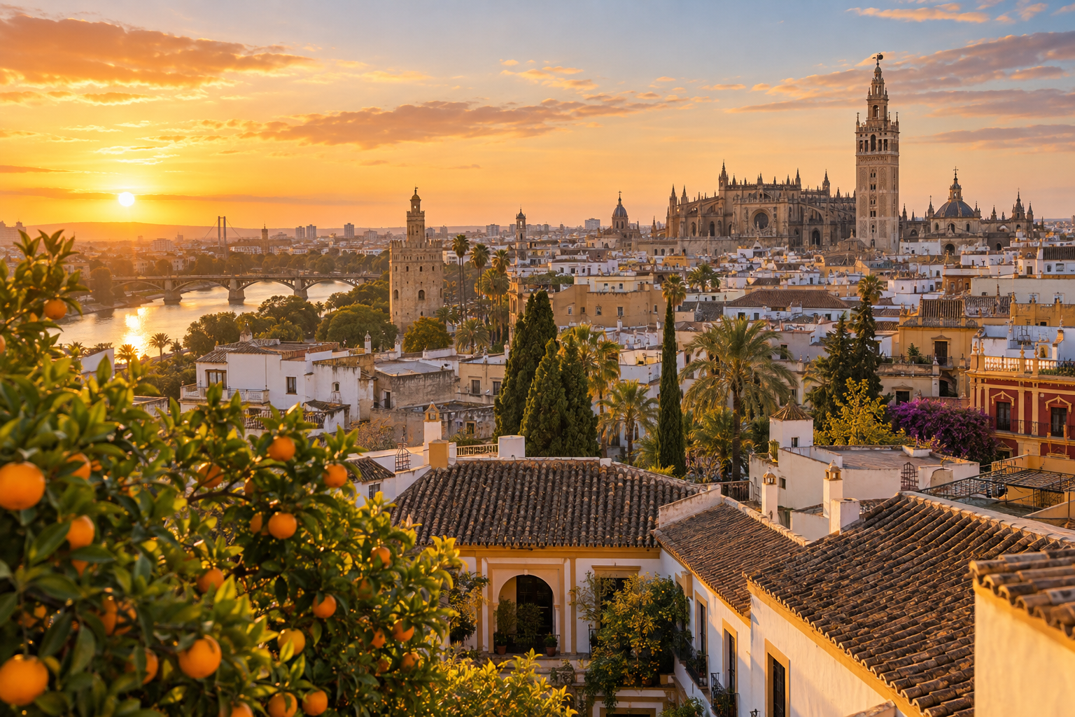 Seville City View at Sunset Seville skyline and terracotta rooftops in warm evening light