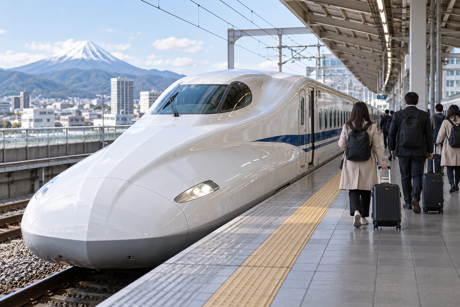 Shinkansen bullet train in Japan Shinkansen bullet train waiting at a railway station in Japan