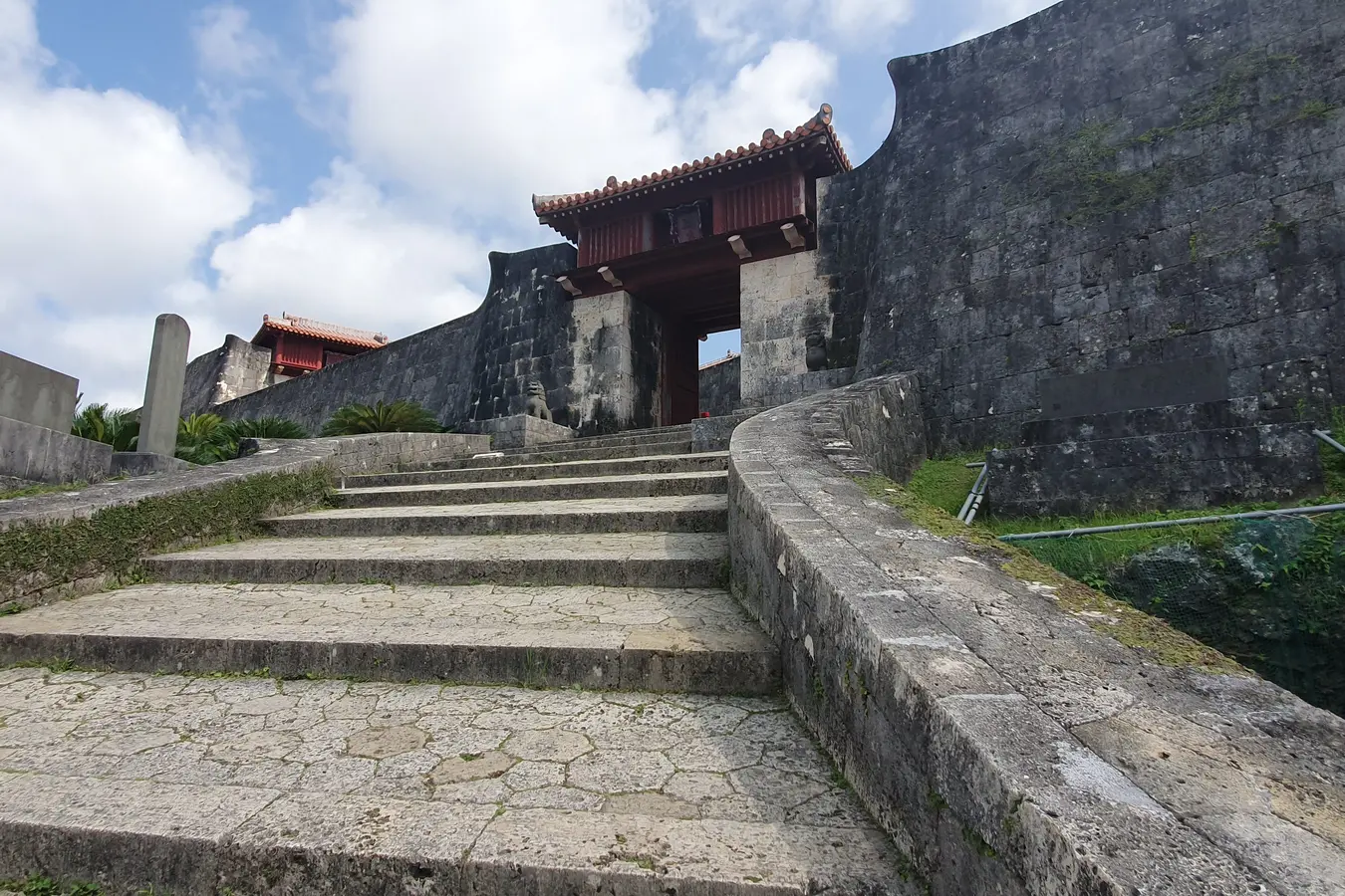 Stone steps leading through the gates at Shuri Castle in May 2019