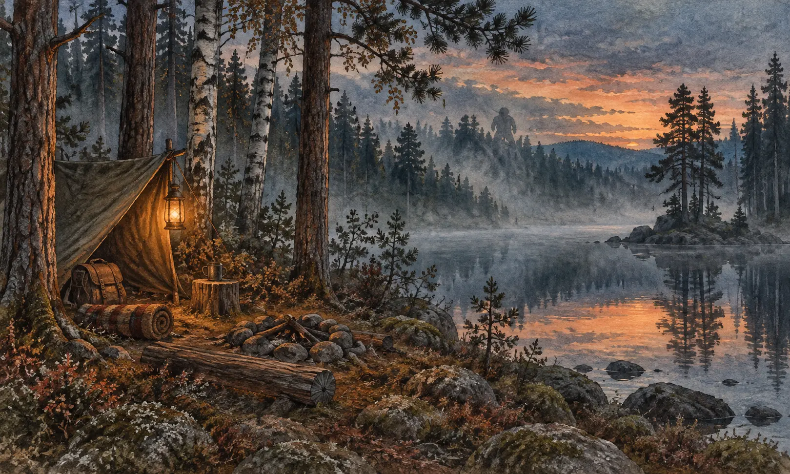 Swedish Forest Legends Illustration of a lakeside forest campsite with a shadowy figure in the mist
