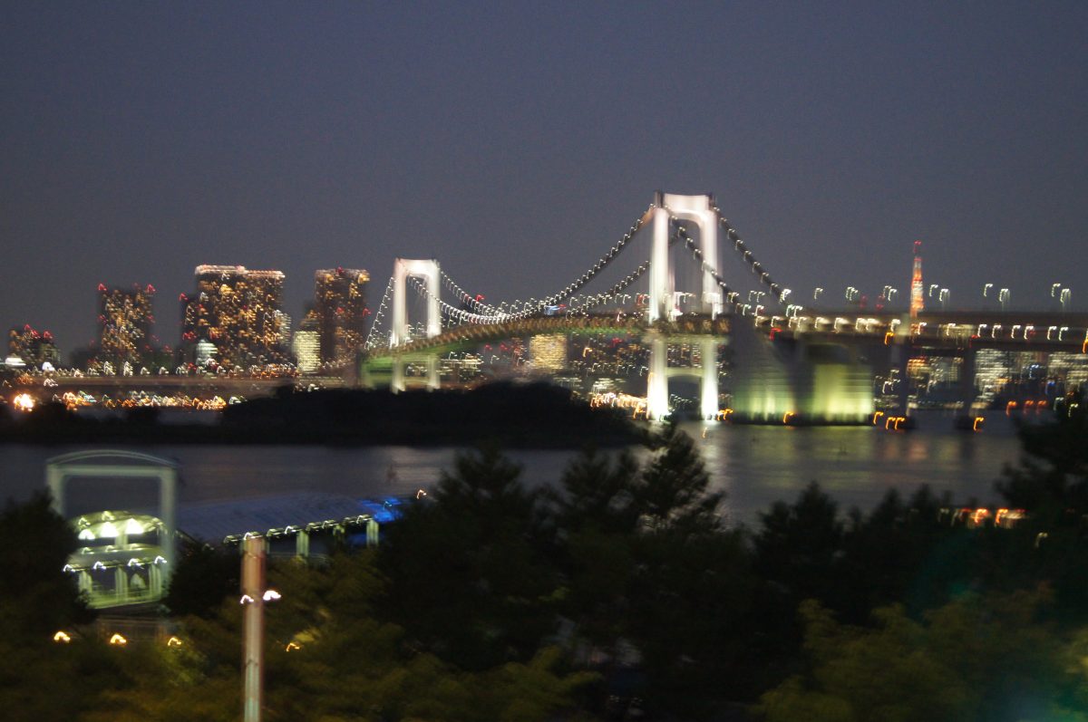 Tokyo Boat Cruise 9 Rainbow Bridge lit up at night across the water from Odaiba
