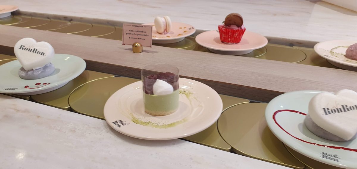 Tokyo Cafe Ron Ron 33 Small desserts passing along the conveyor belt at Cafe RonRon
