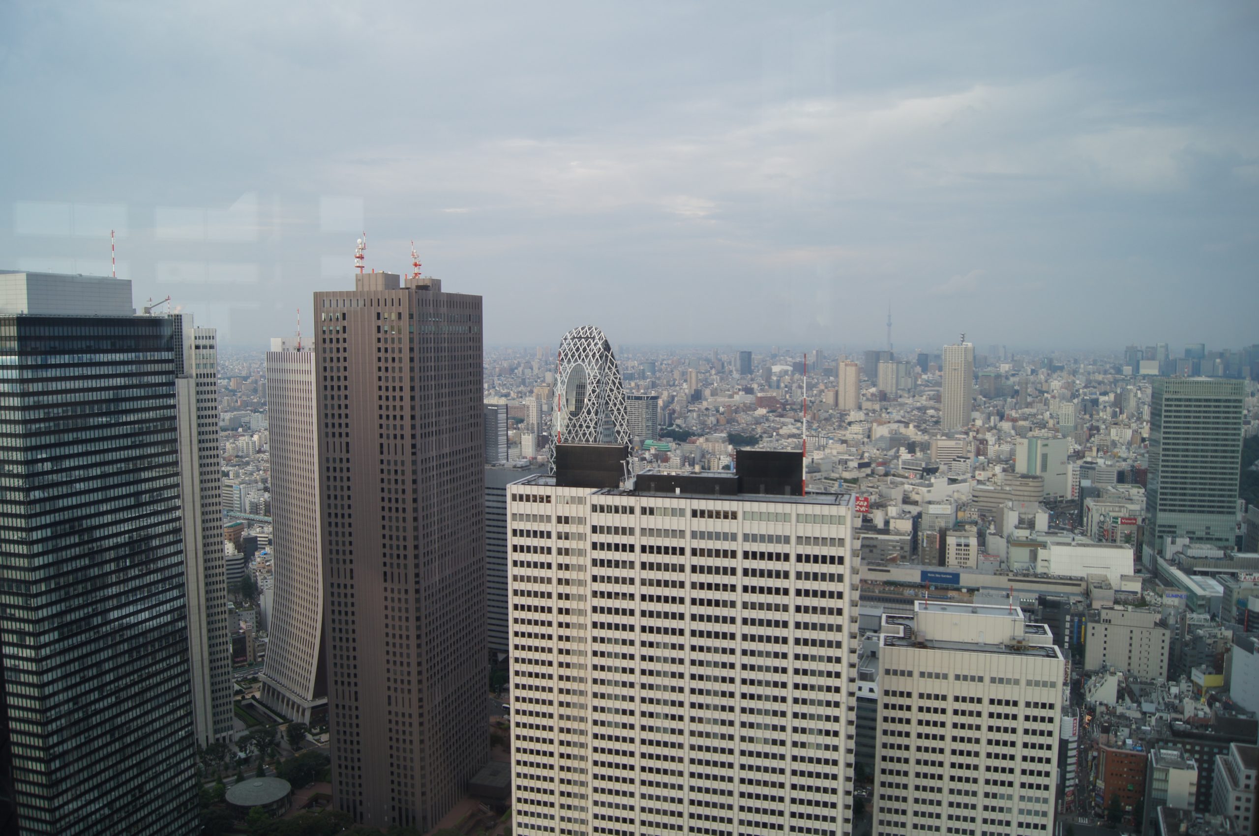 Dark and tan towers beside a pale gridded block and white lattice-patterned tower, with distant buildings under a hazy grey sky.