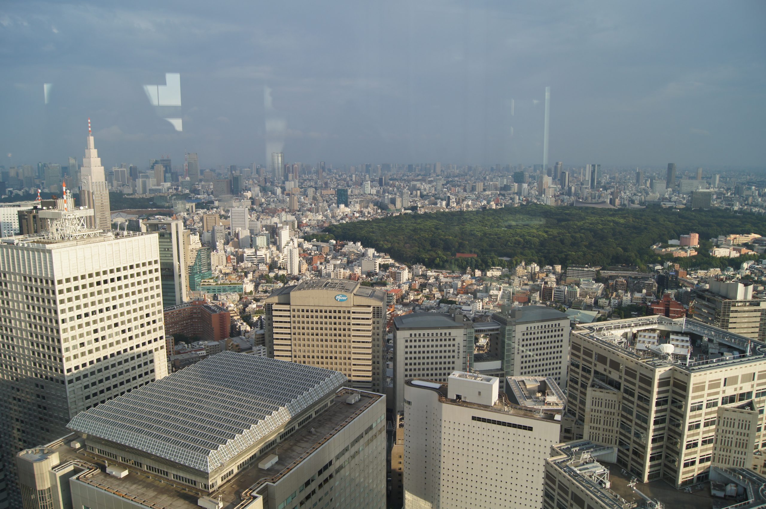 Tokyo Government Building 23 scaled Office roofs and a large green area below distant towers, seen through window reflections beneath a pale bright sky.