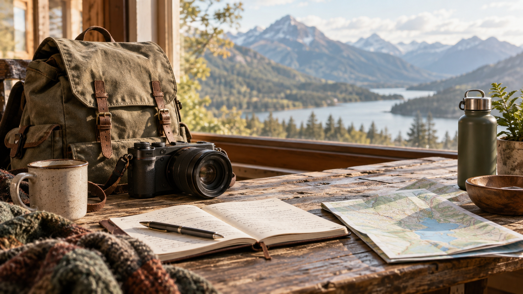 Travel photography equipment, notebook and maps beside a mountain view