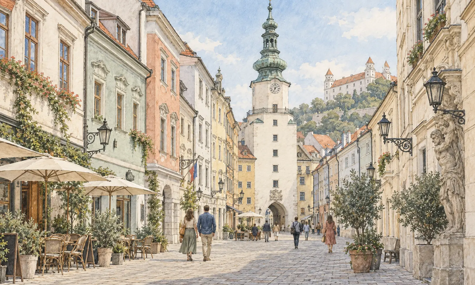 Watercolour illustration of a Bratislava-inspired old town street and gate tower