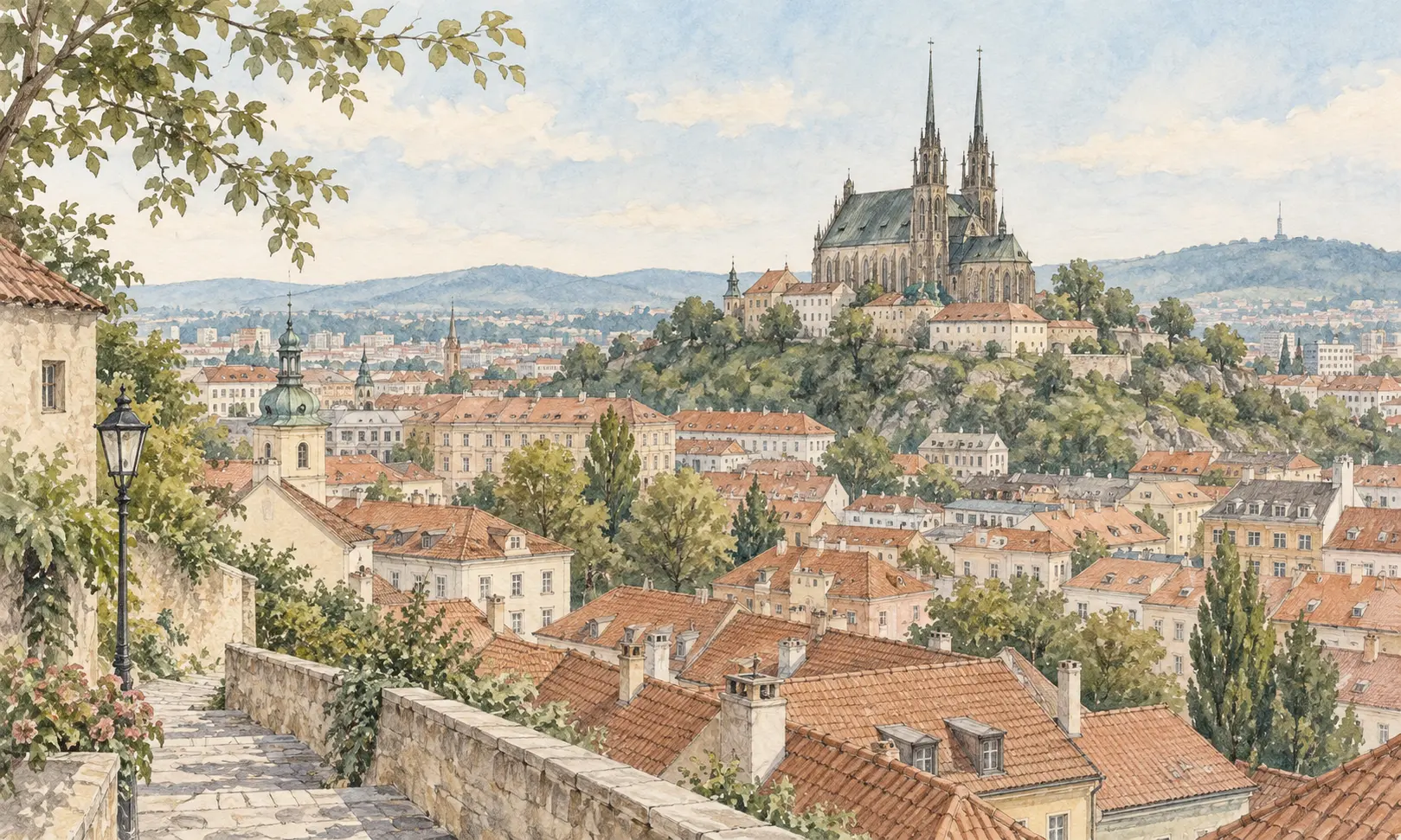 Watercolour illustration of Brno-inspired rooftops and twin cathedral spires