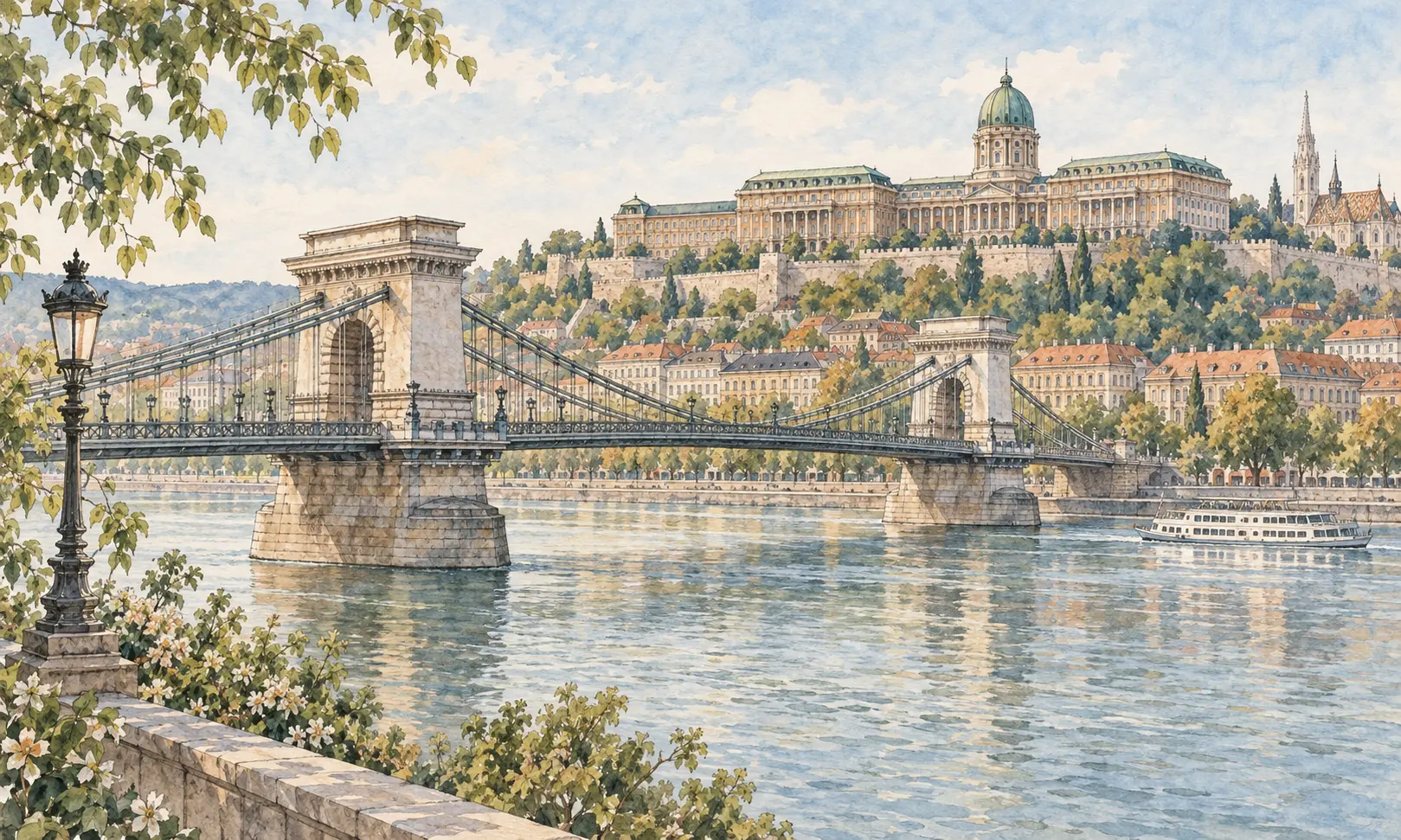 Watercolour illustration of Budapest-inspired Chain Bridge and Buda Castle