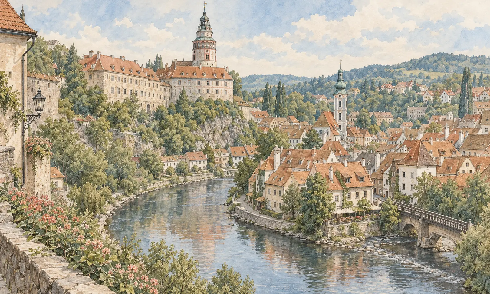 Watercolour illustration of a Český Krumlov-inspired river bend and castle tower