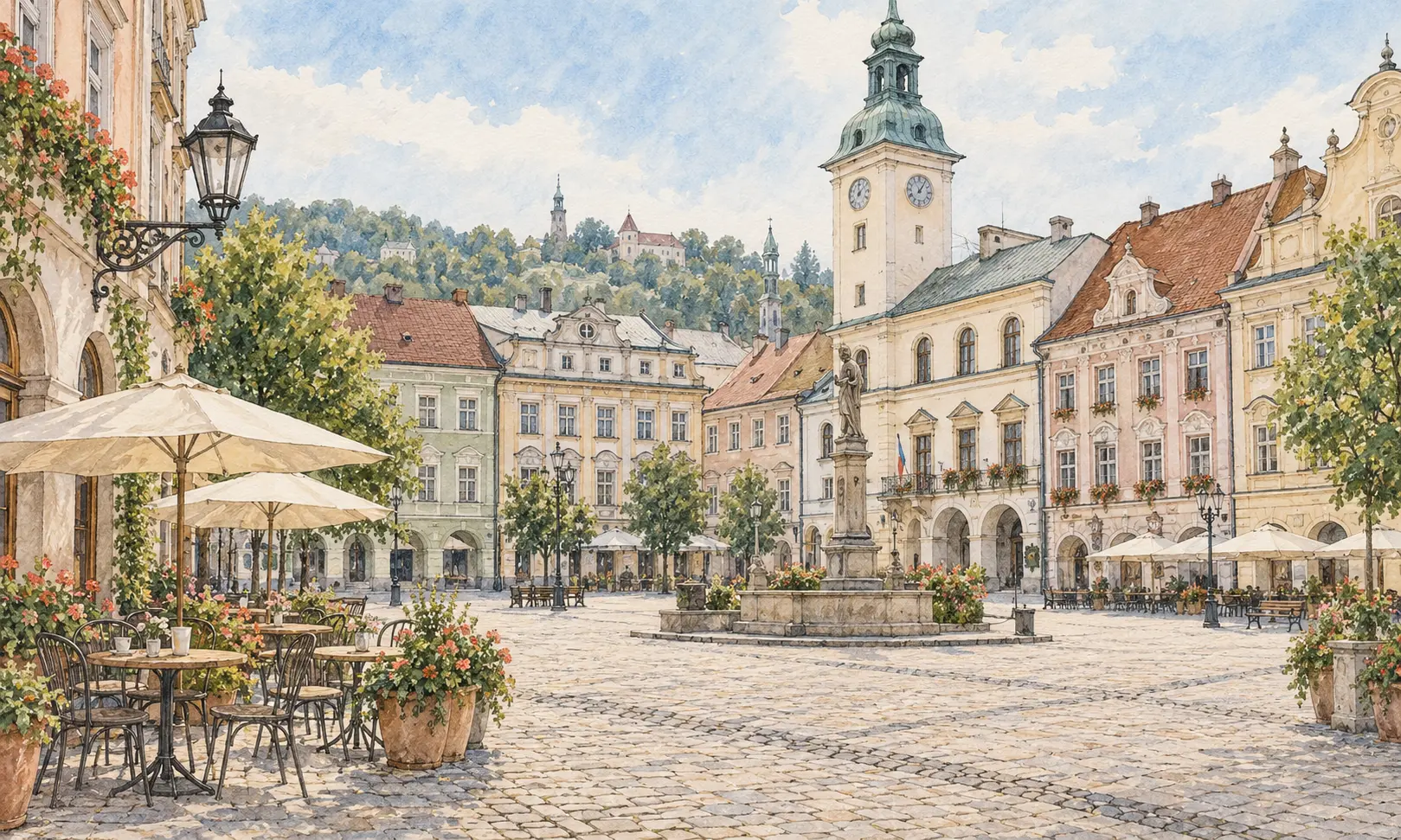 Watercolour illustration of a Cieszyn-inspired market square