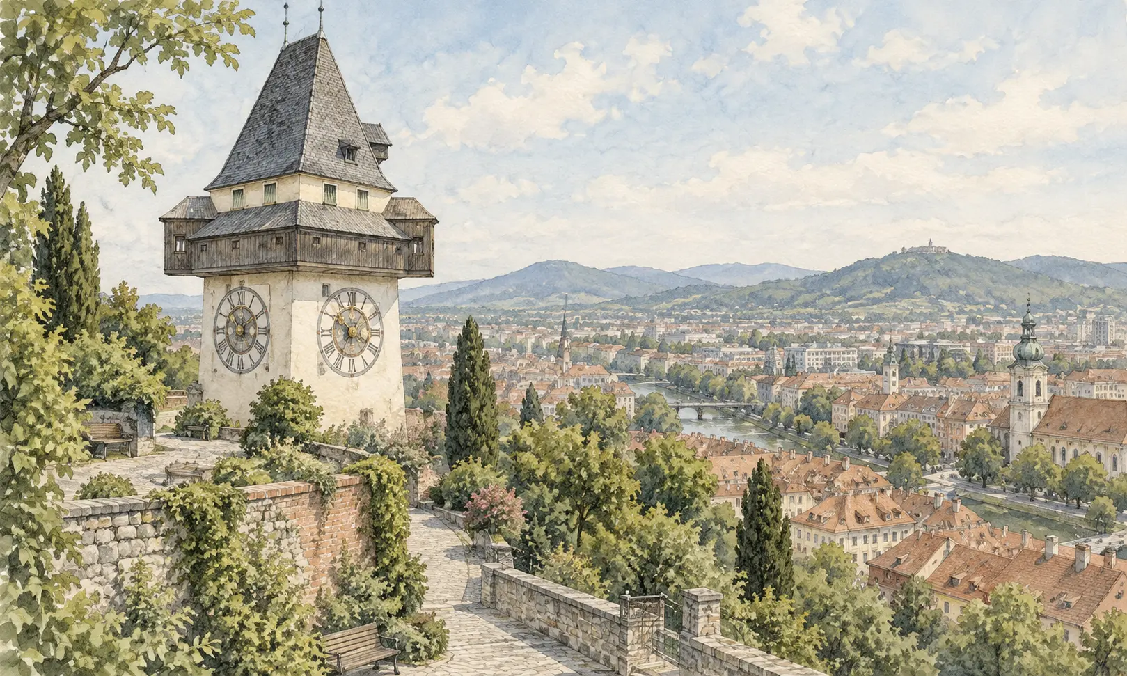 Watercolour illustration of the Graz clock tower above city rooftops