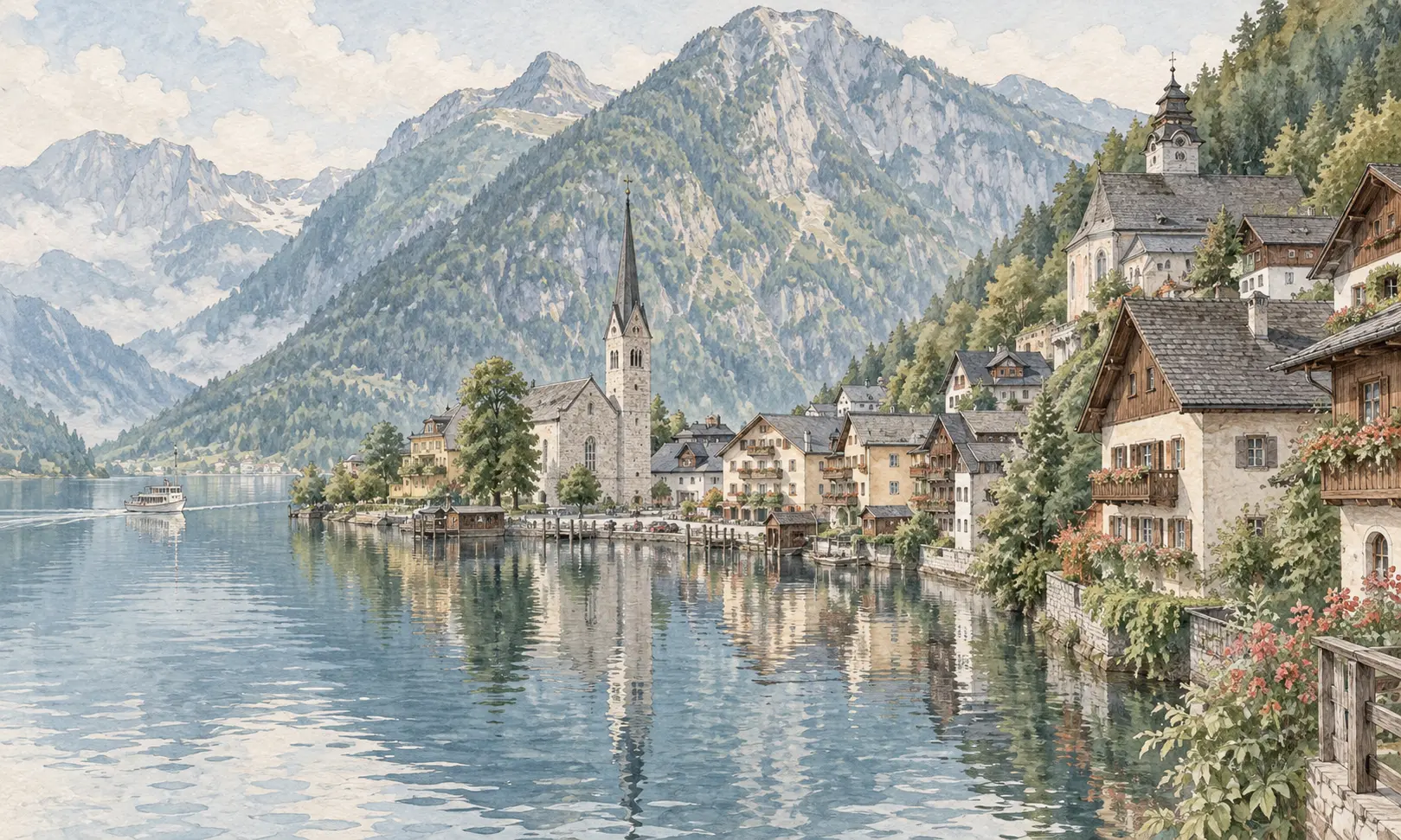 Watercolour illustration of a Hallstatt-inspired lakeside village and mountains