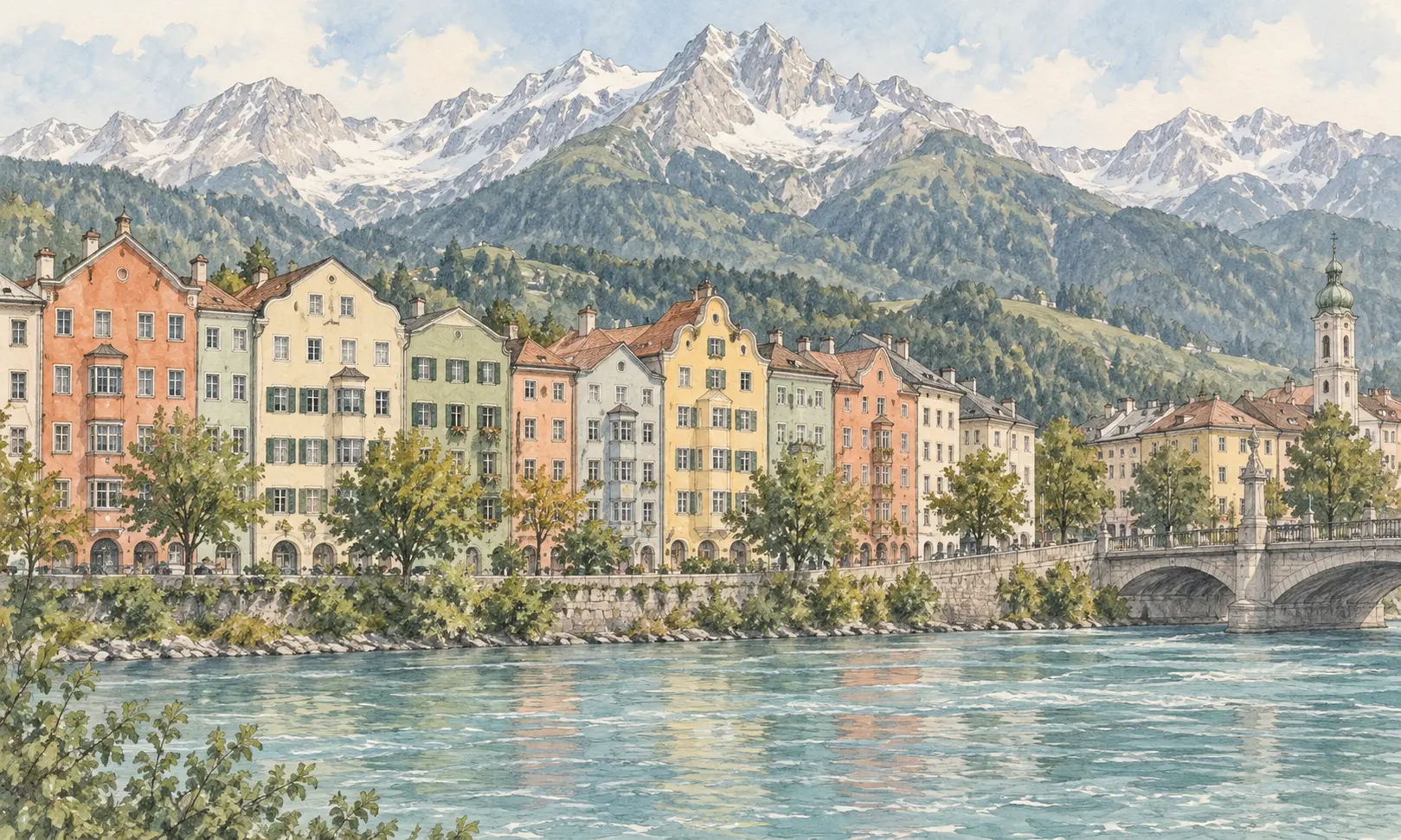 Watercolour illustration of Innsbruck-inspired riverside houses and Alpine peaks