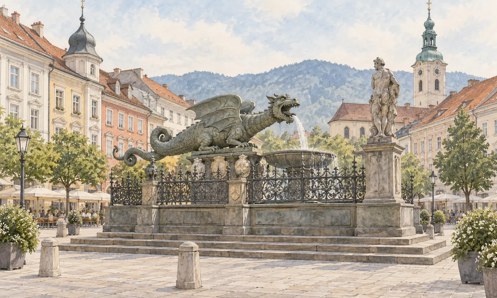 Watercolour illustration of a Klagenfurt-inspired dragon fountain and square