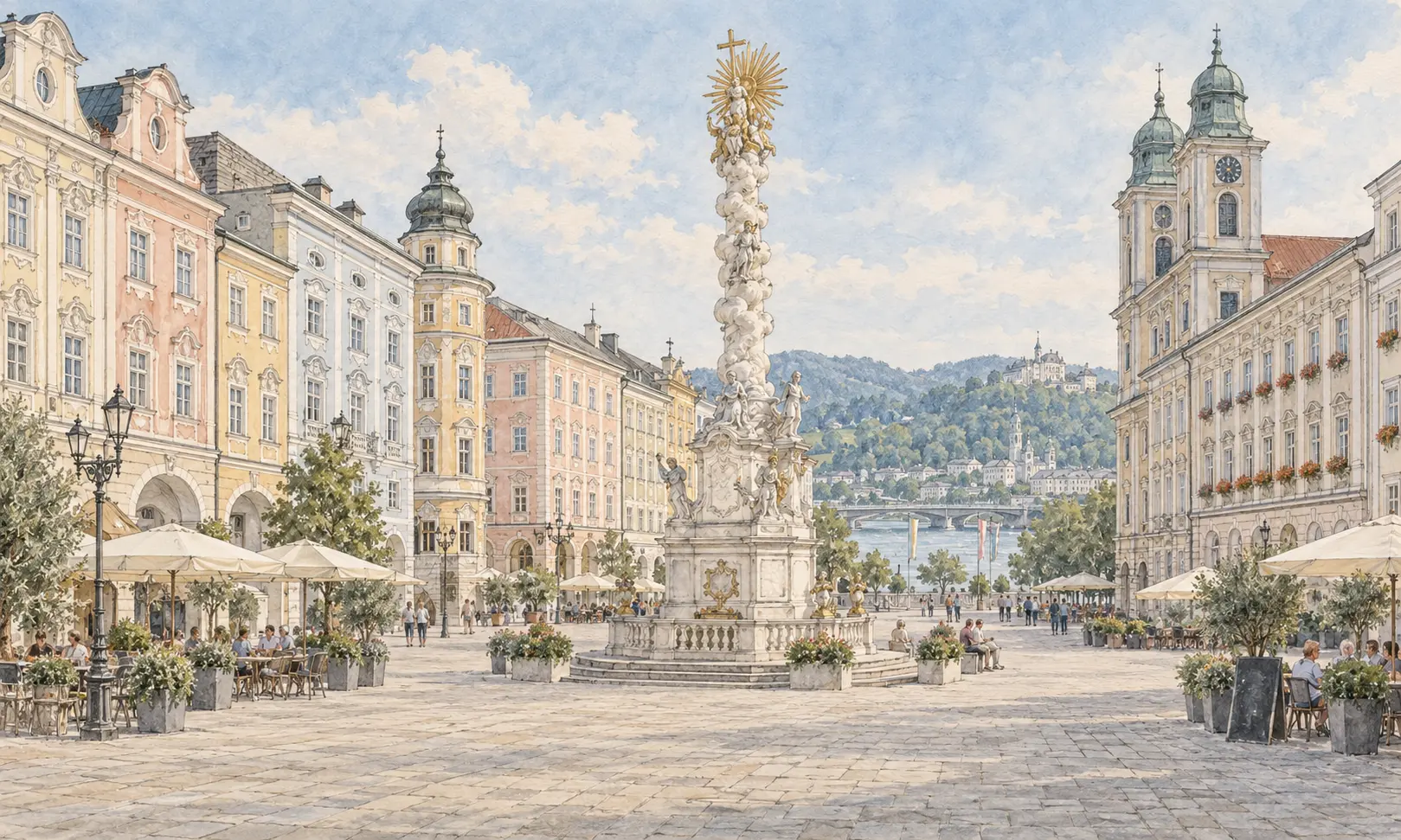 Watercolour illustration of a Linz-inspired square and Trinity column