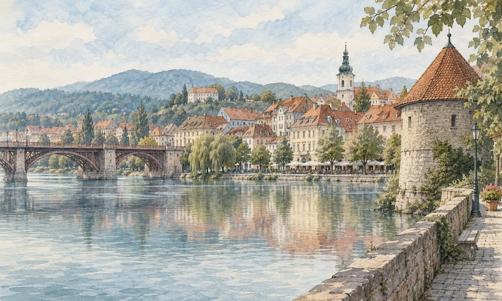 Watercolour illustration of a Maribor-inspired riverside and stone tower