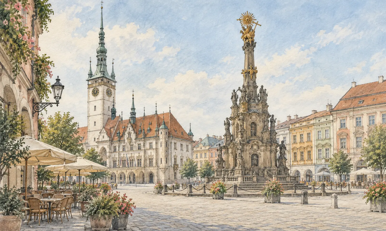 Watercolour illustration of an Olomouc-inspired square and Holy Trinity Column