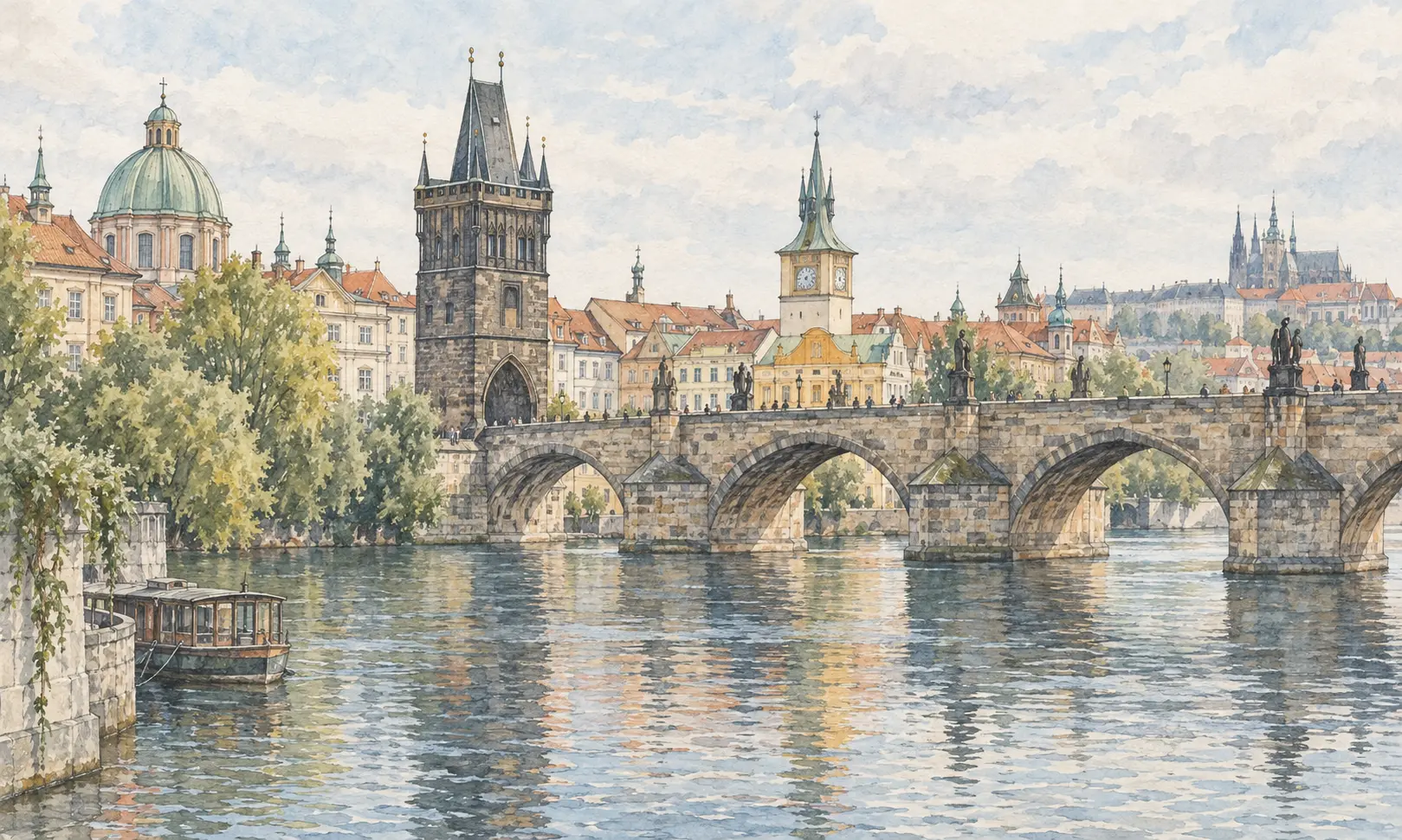 Watercolour illustration of Prague-inspired Charles Bridge and rooftops